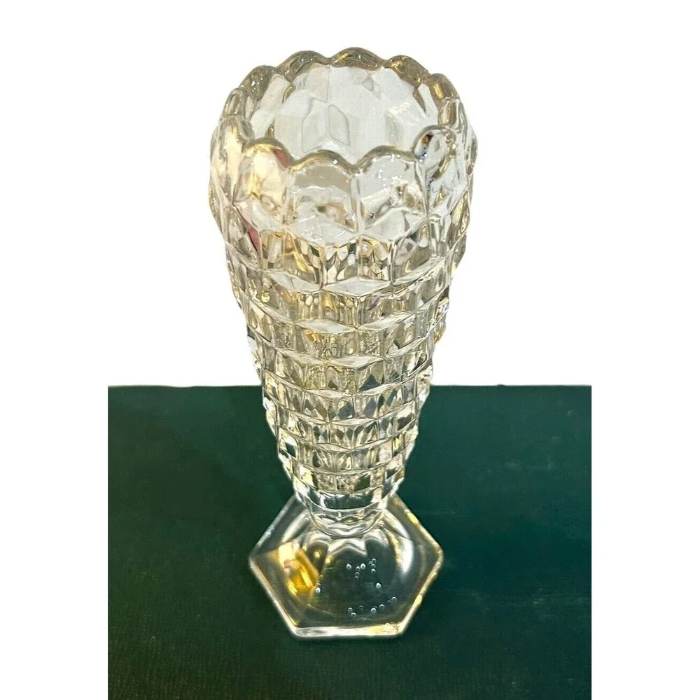 Vintage Fostoria American Cubist Bud Vase Cupped Clear Glass MCM UV Light React